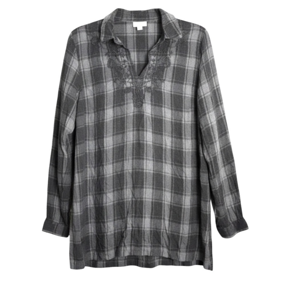 J. JILL GRAY PLAID TOP Popover Shirt EMBROIDERED FRONT Flannel Like Rayon SIZE S